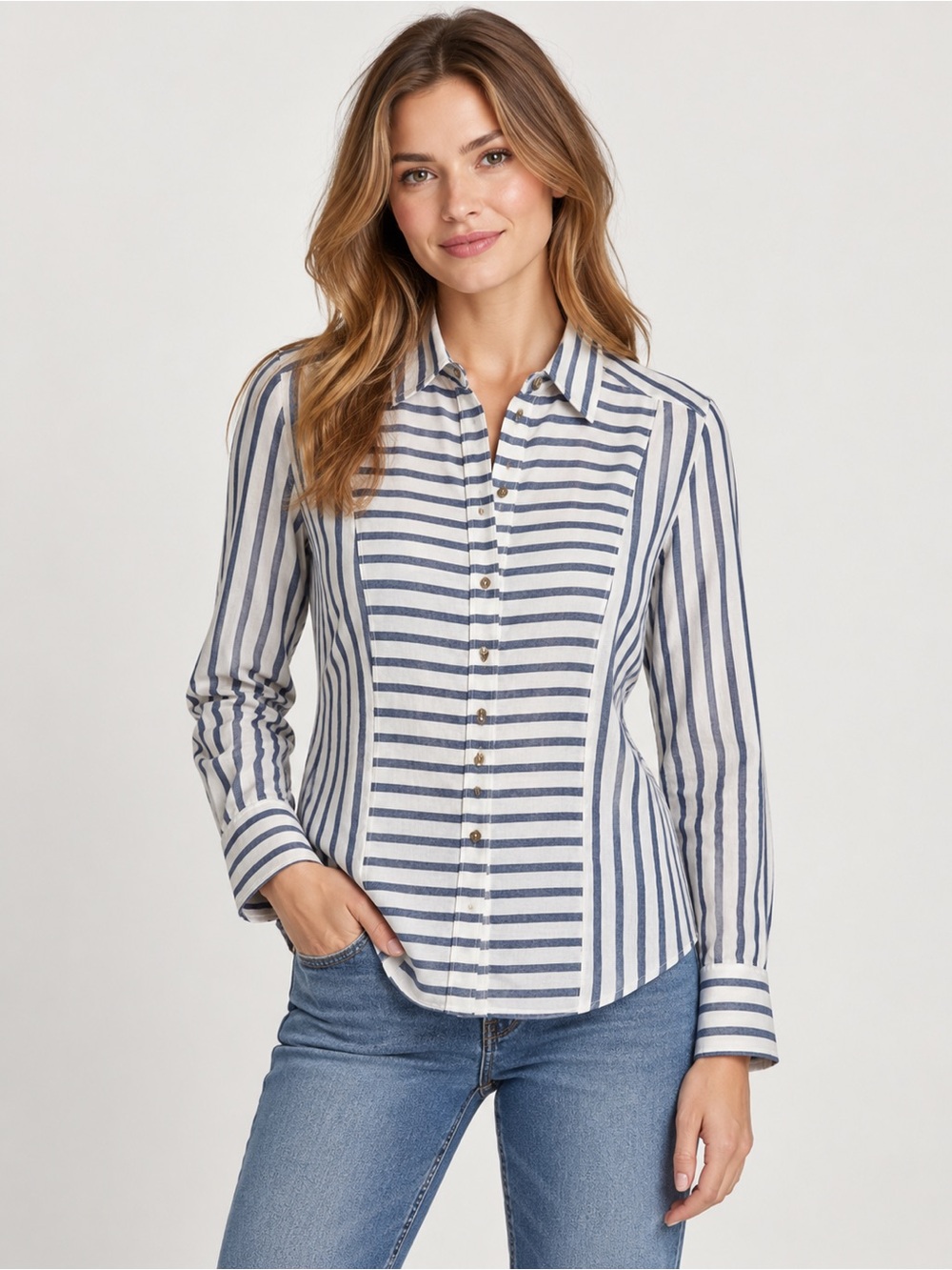 Jill Mcgowan 94 Portland Collection white with blue stripes Hattie Slim Shirt